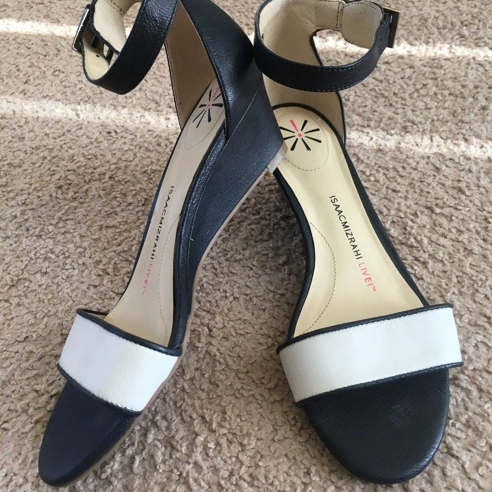 Isaac Mizrahi Katie White and Navy Wedge Sandals